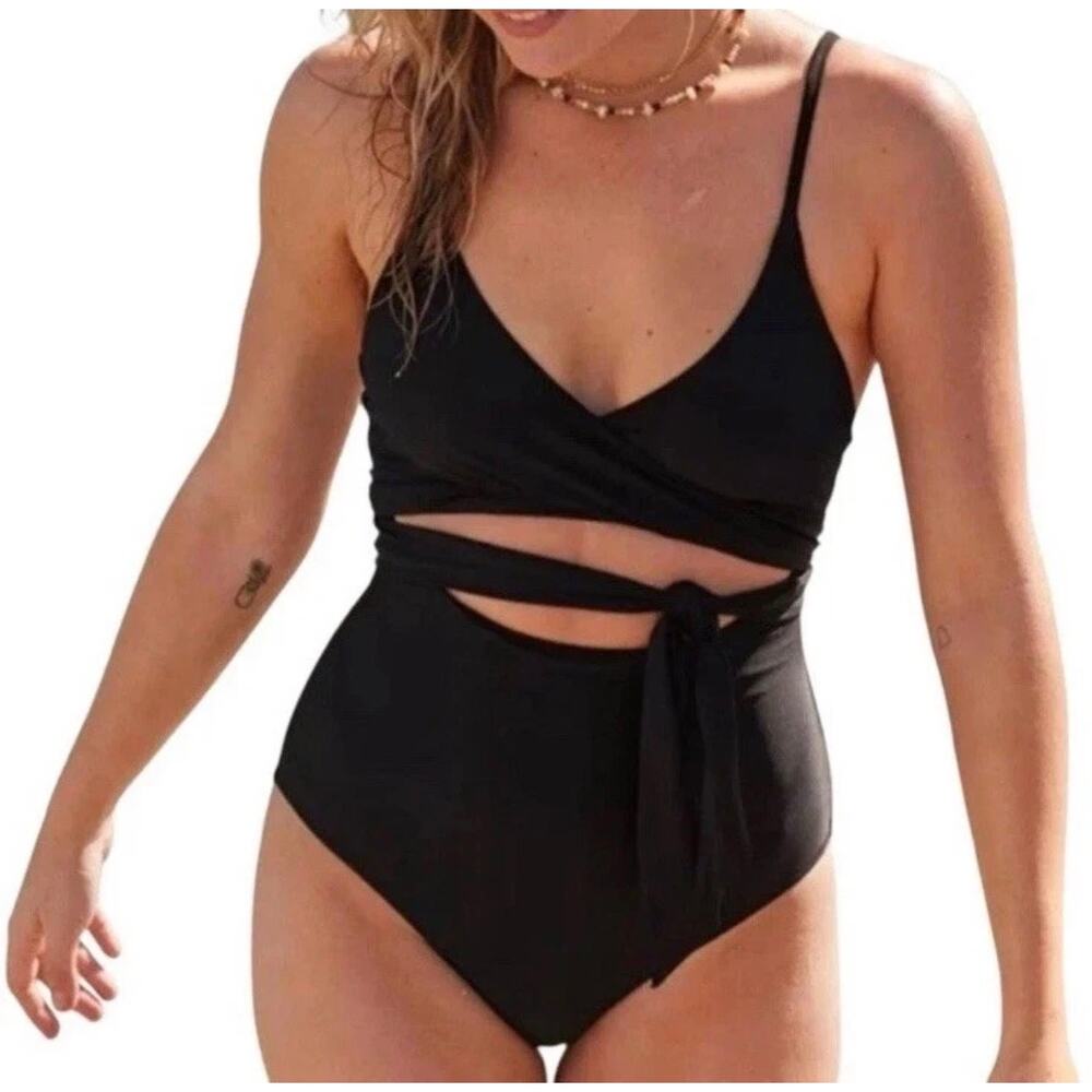 Aerie Women L Tall Black Wrap One Piece Swimsuit